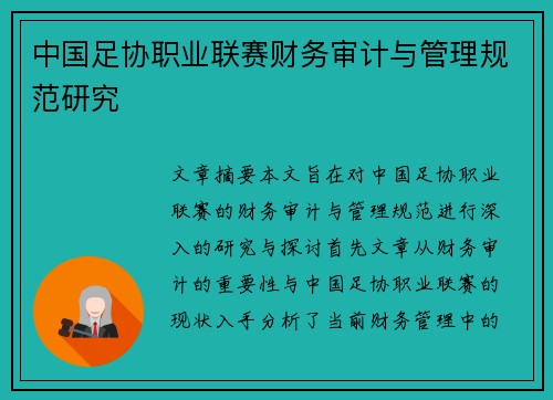 中国足协职业联赛财务审计与管理规范研究