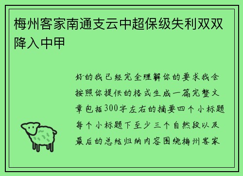 梅州客家南通支云中超保级失利双双降入中甲
