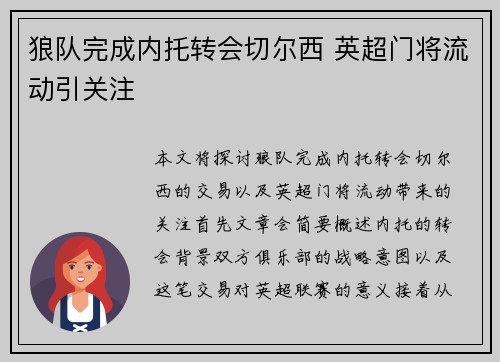 狼队完成内托转会切尔西 英超门将流动引关注